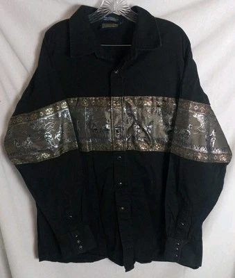 Camisa masculina Panhandle Slim preta Pearlsnap vintage GG preta cavalos ocidentais asteca  - Imagem 1 de 4