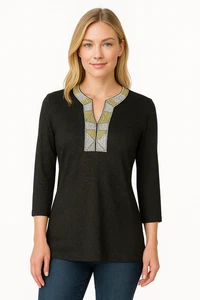 J McLaughlin Tunic Size Medium 3/4 Sleeves Metallic Embroidered Black Gold Party - Picture 1 of 8