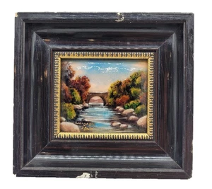 Vintage handbemalte Landschaft Brücke Emaille signiert Limoges Frankreich Fluss Paris - Bild 1 von 9