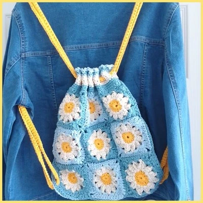 Handmade Crochet Drawstring Bag with Daisy Detailing.  With  Handmade Key Purse - Image 1 of 4