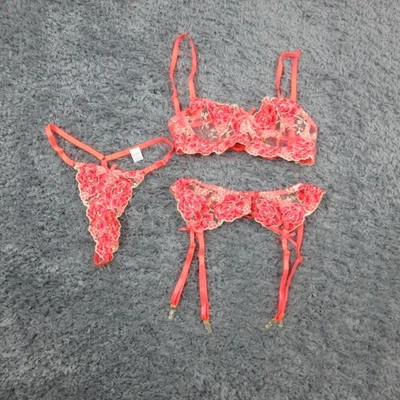 Conjunto de lencería Moxy para mujer pequeño rosa naranja encaje 3 piezas sujetador tanga liga nuevo sin etiquetas Foto 1 de 4