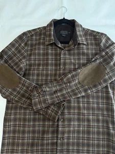 Pendleton Trail Button Shirt USA Virgin Wool Plaid Flannel Elbow Patch L Brown e - Picture 1 of 7