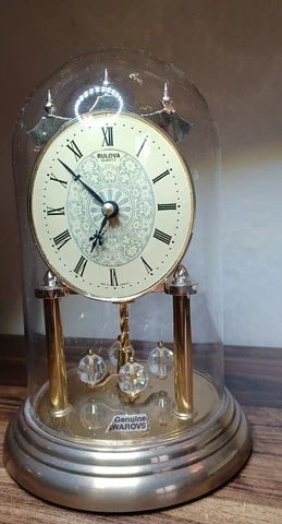 VTG  Rare Clock BULOVA Quartz Desk Swarovski Crystal pendulum Glass Dome Germany Cover