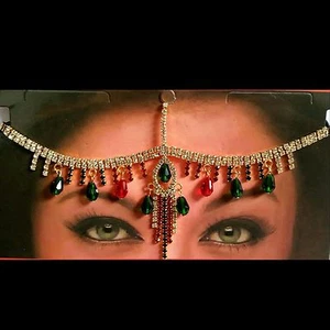 Adornos para el cabello tocado pedrería cadena para la frente Tikka Bollywood cadena para la cabeza oro indio - Imagen 1 de 3