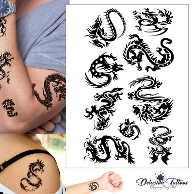 DELUSION TATTOOS Tribal Dragon Temporäres Tattoo Set - Schwarz Wasserdicht Herren Damen Kinder Körperkunst