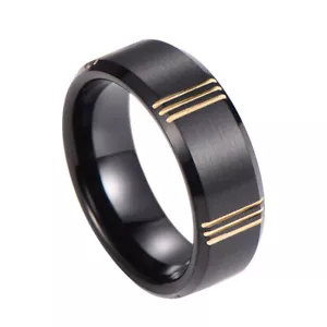 8mm Fashion Wedding Ring for Men Black Gold Grooved Men's Wedding Ring - Picture 1 of 6