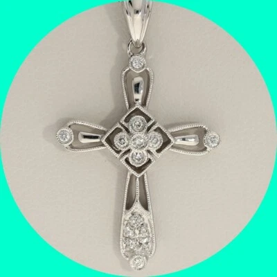 Diamond Cross Ornate Pendant Necklace .15CT 14K White Gold 16” Chain - Image 1 of 4