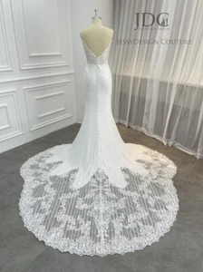 Crepe Plunging Lace Wedding Dress Bridal Gown Custom made  Cut-out-train Ivory - Picture 1 of 7