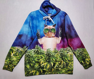 CANNABIS CAT All Over Print Novelty Pullover Hoodie Men L/XL NAIN Marijuana Leaf