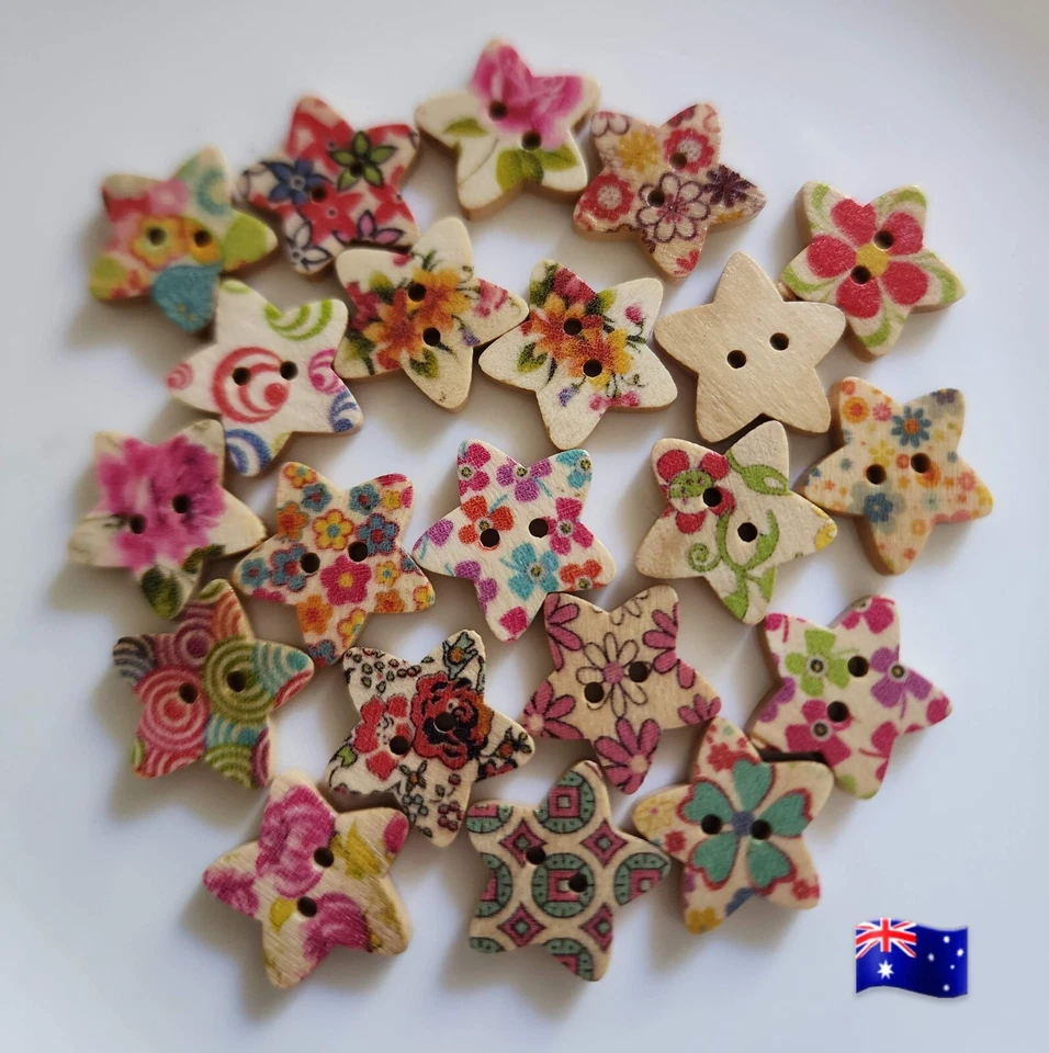 30pcs 15mm Mix Floral Star Shape Wooden 2 Hole Buttons - Image 1 of 1