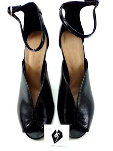 ASOS Ankle Strap Close Peep Toe Patent Leather Black 4'' Fat Cone Heels Size 7 - Picture 1 of 6
