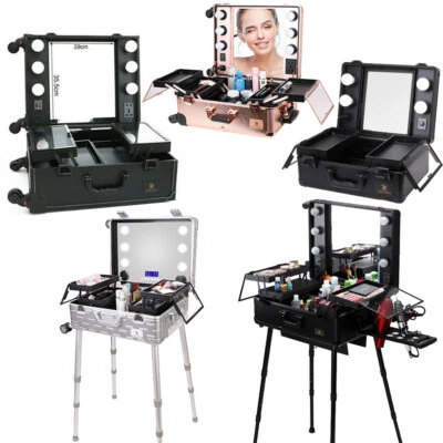 Large Cosmetics Make Up Beauty Trolley Artist Pro Rolling Case w/Lights Mirror