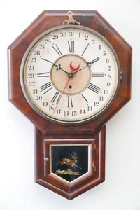 Antique Gilbert Octagon 12" Drop Calendar Clock Wood Veneer Original Paper Label - Picture 1 of 12