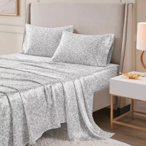 Printed Satin 3-Pcs Gray Leopard Twin Polyester Sheet Set - Picture 1 of 12