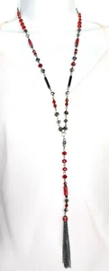 BALLET NWT DARK SILVER TONE RED BEAD Y-DROP 30.5" LONG + 8" TASSLE - Picture 1 of 2