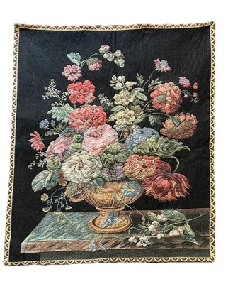 复古 Ethan Allen 羊毛花卉五颜六色的花朵挂毯壁挂 30 英寸长 26 英寸宽 — 第 1/4 张图片