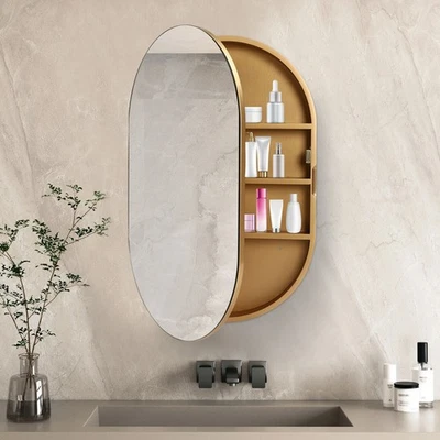 Botiquín Baño Espejo Gabinete Estantes de Almacenamiento 20"x31" Marco de Madera Dorado Foto 1 de 4