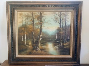 1970s Oil Painting River Path Woods Forest Landscape Bob Ross Style Carved Frame - Picture 1 of 8