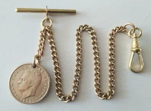 Vintage Albert Pocket Watch Chain 10" Curb Link, T bar Dog Clip & Fob gold tone - Picture 1 of 9