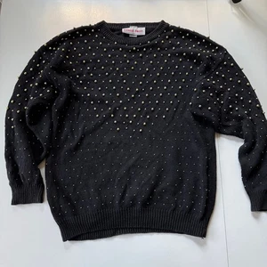 Maglione Vintage Rochelle-Forest Nero Borchie Oro Perline Ramie Cotone L - Foto 1 di 18
