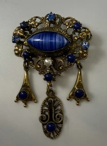 Vintage Blue Dyed Agate Gold Tone Brooch Original By Robert - Picture 1 of 4