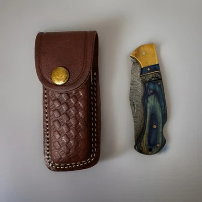 Handmade Damascus Smooth Blue Sycamore Folding Pocket Knife | W/ LEATHER SHEATH - Image 1 of 4