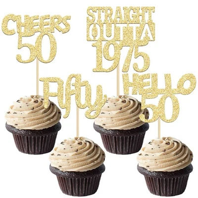 Gyufise 24PCS 50th Birthday Cupcake Toppers Gold Glitter Fifty Straight Outta... - Image 1 of 4