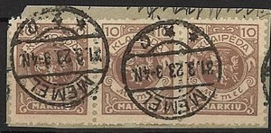 Memel 141, 10 M Dreierstreifen auf Briefstueck getempelt, Topstempel!!#b433 - Picture 1 of 1