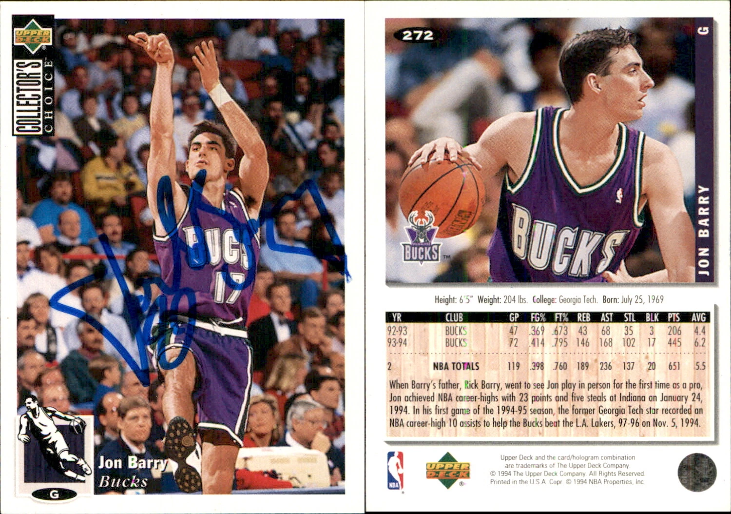 Jon Barry Signed 1994-95 Collector's Choice #272 Card Milwaukee Bucks Auto AU