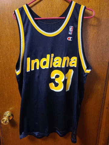 VTG 1990s NBA REGGIE MILLER INDIANA PACERS CHAMPION JERSEY SIZE 48 Away Colorway Cover
