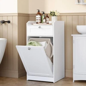 White Laundry Cabinet with Pull-Out Basket – Bathroom Storage Unit MDF - Picture 1 of 11