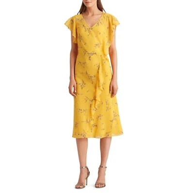 Vestido Ralph Lauren Mujer 0 Caléndula Amarillo Floral Cuello en V Midi Nuevo con Etiquetas CY30 Foto 1 de 3