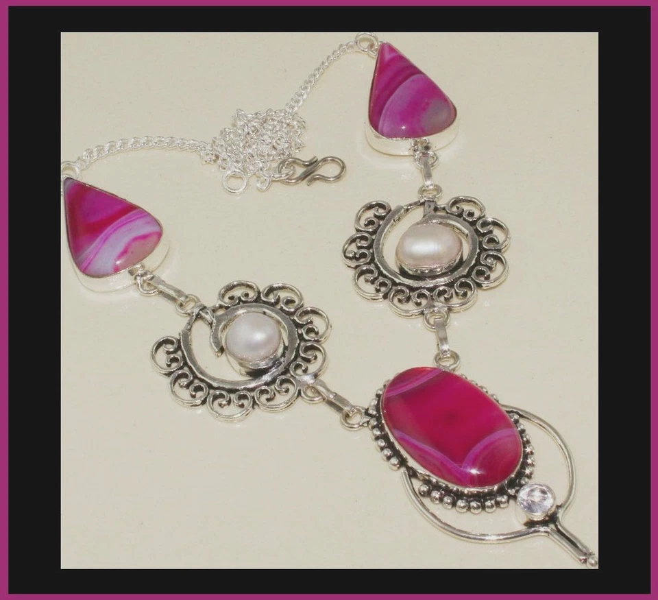 NUEVO - COLLAR ÚNICO ROSA BOTSWANA ÁGATA Y PERLA ACENTO DECLARACIÓN Foto 1 de 1