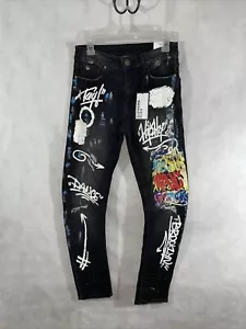 Rue 21 Supreme Flex Skinny Arc Jeans Größe 34 x 30 schwarz Graffiti Farbe - Bild 1 von 13