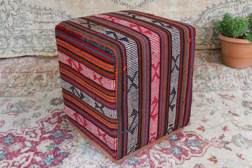 Oriental Turkish Kilim Pouf – Vintage Handmade Boho Ottoman Footstool Decor - Image 1 of 4