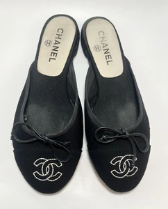 Chanel Black Ballerina Mules Flats Black w/ White Embroidered CC Detail Sz 36 6 - Picture 1 of 11