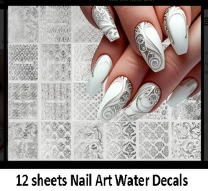 12 Sheets Nail Art Sticker Water Decals Transfer Stickers SILVER Mixed Design - Picture 1 of 4