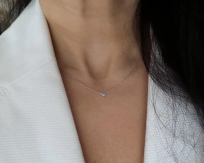 AQUAMARINE SOLITAIRE NECKLACE 14K WHITE GOLD 0.15CT 3MM  4 PRONG SETTING   - Image 1 of 4