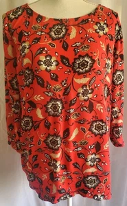 J Jill Blouse L Petite Red Black Floral 3/4 Sleeve Keyhole Neck Career Top - Picture 1 of 10
