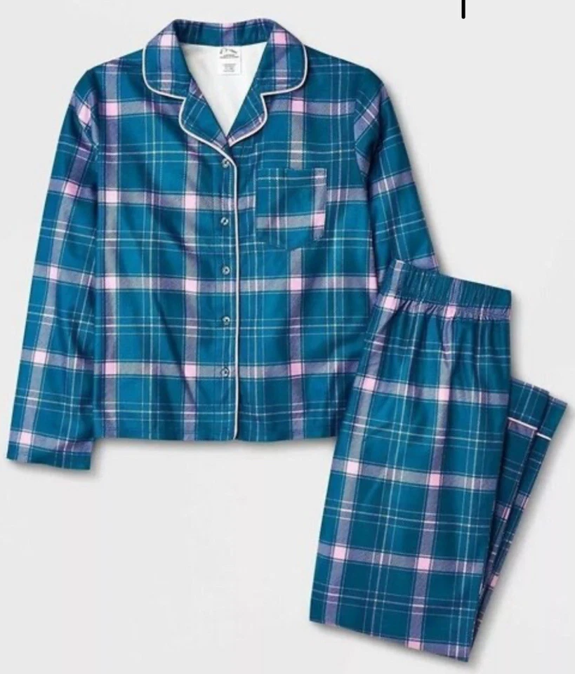 Conjunto de pijama de franela a cuadros Art Class para niñas con botones azul y rosa Foto 1 de 4