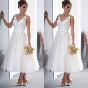 British Wedding Dress Tea Length White Ivory V Neck Sleeveless Bridal Gown - Picture 1 of 15
