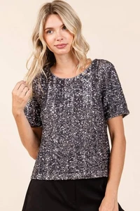 Blusa corta Mittoshop lentejuelas manga corta cuello redondo - Imagen 1 de 6