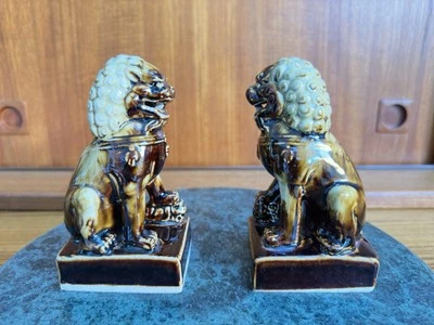 Pairs Vintage Ceramic Lion Foo Dogs Guardian Figured Two-tone Classic Brown  - Image 1 of 4