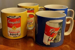 Andy Warhol Campbell's Soup XLarge Mugs 2 Yellow Tomato Rice 2 Blue Ripped Label - Picture 1 of 4