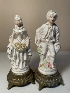 Pair Antique European Victorian Porcelain Brass Base Man & Woman Figurine - Picture 1 of 7