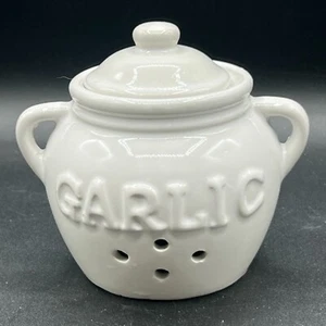 Garlic Keeper Crock Jar w/ Lid White Ceramic Vented - Picture 1 of 7