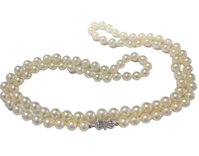 Lange Perlenkette Akoya Perlen 8,4 mm 585 er Weißgold Verschluß 6 Diamanten 96cm - Bild 1 von 4