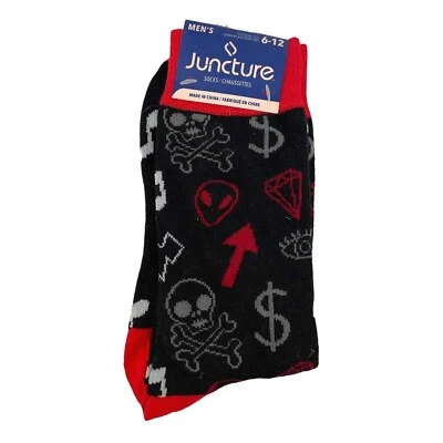 Funky Retro Novelty ROCK & ROLL SOCKS Goth Skull Music Geek Alien Punk-Black Red - Image 1 of 3