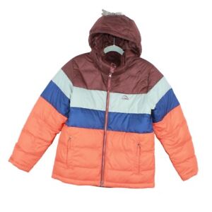 LL Bean Kids Down Hooded Jacket Fleece Lined Quilted Colorblock Orange M10-12