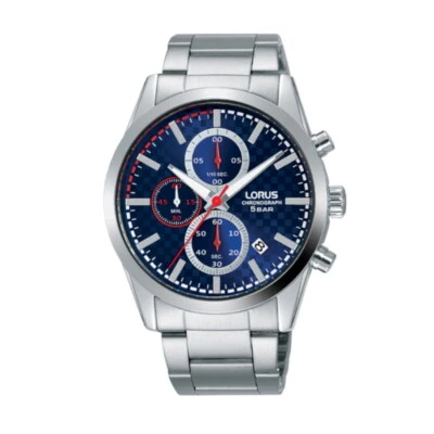 Orologio Lorus Uomo RM391FX-9 Cronografo Acciaio Quadrante Blu Dettagli Rossi - Immagine 1 di 4